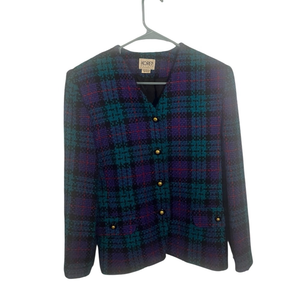vintage koret twee wool blend aqua purple red plaid jacket size 10